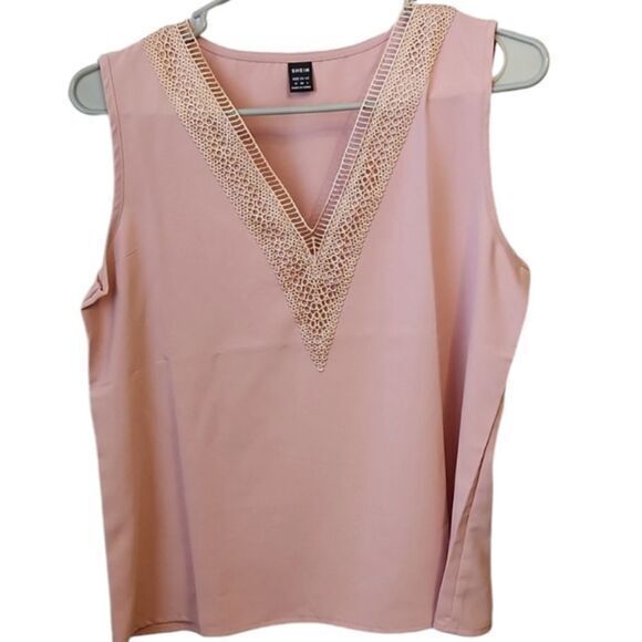 SHEIN Womens Lace Panel Pink Blouse Womens‎ Vneck Tank Top Shirt - Picture 2 of 8